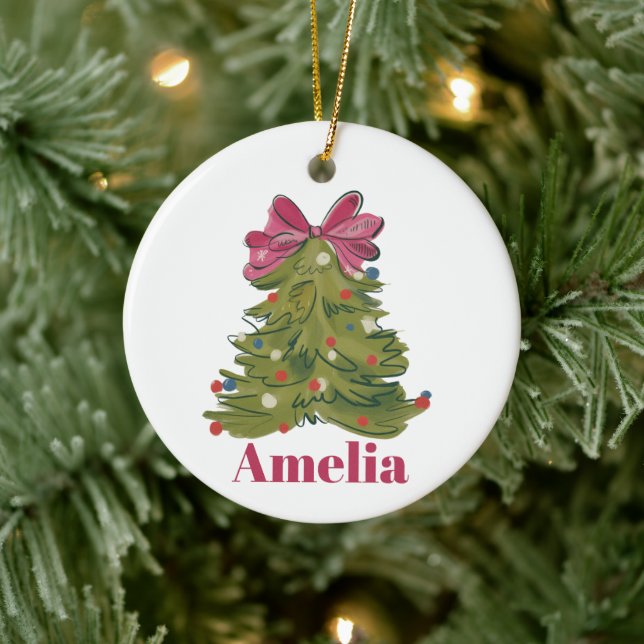 Personalized Name Coquette Christmas Tree Girly Ceramic Ornament (Tree)
