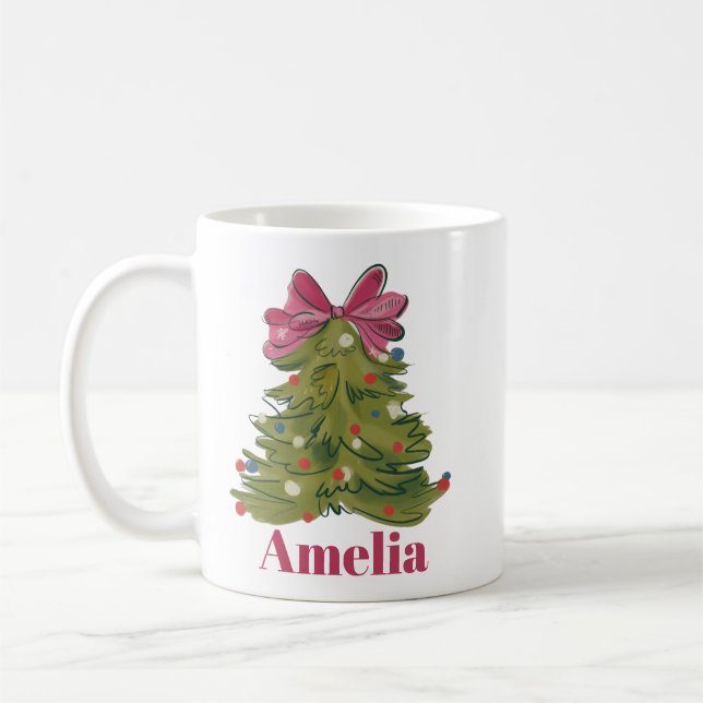 Personalized Name Coquette Christmas Tree Girly Coffee Mug (Left)