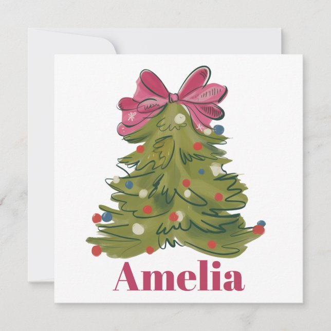 Personalized Name Coquette Christmas Tree Girly Holiday Card (Front)
