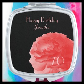 Personalized Name Coral Pink Rose 70th Birthday Compact Mirror by SocolikCardShop at Zazzle