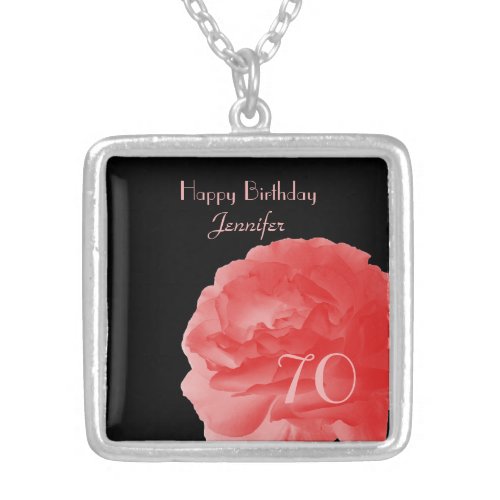 Personalized Name Coral Pink Rose 70th Birthday Silver Plated Necklace