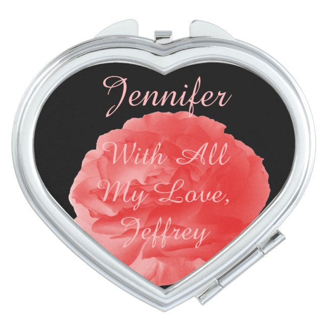Personalized Name Coral Pink Rose Floral Heart  Vanity Mirror (Front)