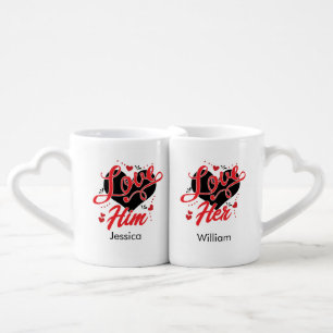 Personalized Name Couple Red Heart For Valentine Coffee Mug Set