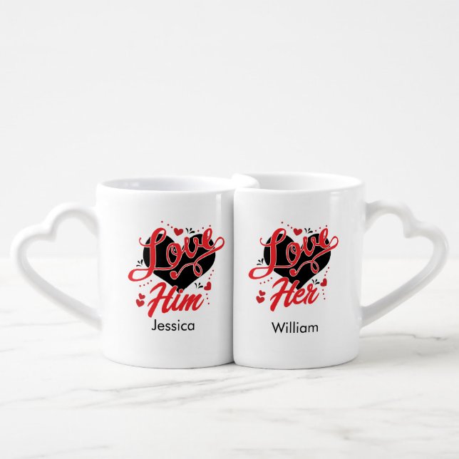 Personalized Name Couple Red Heart For Valentine Coffee Mug Set (Front Nesting)