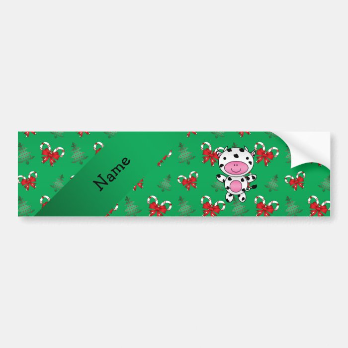 Personalized name cow green candy canes bows bumper sticker