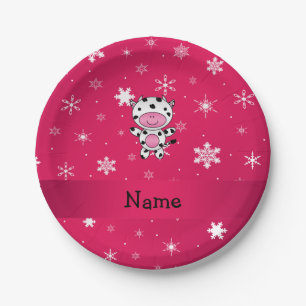 Personalized name cow pink snowflakes paper plates