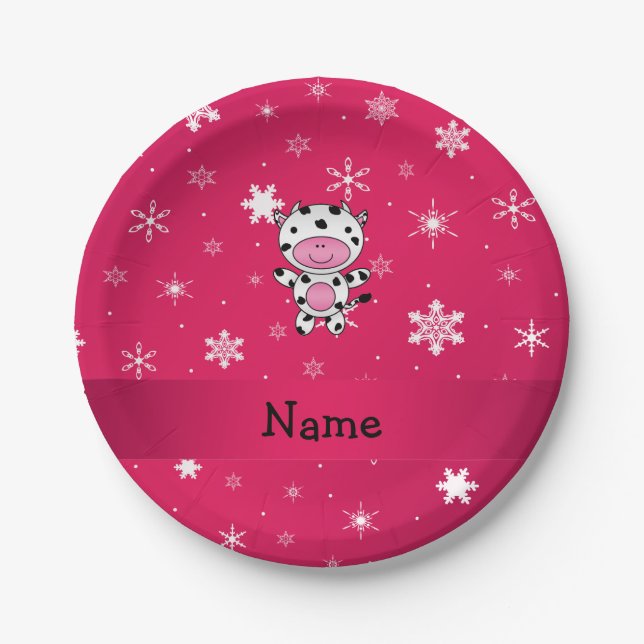 Personalized name cow pink snowflakes paper plates (Front)