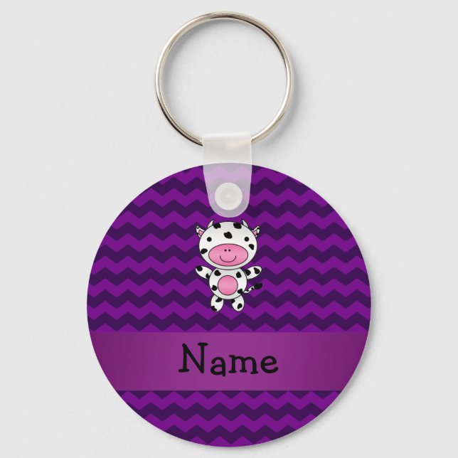 Personalized name cow purple chevrons keychain (Front)