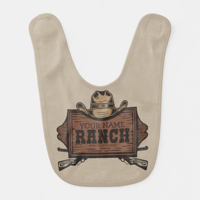 Personalized NAME Cowboy Guns Western Ranch Sign Baby Bib (Front)