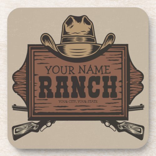 Personalized NAME Cowboy Guns Western Ranch Sign Beverage Coaster