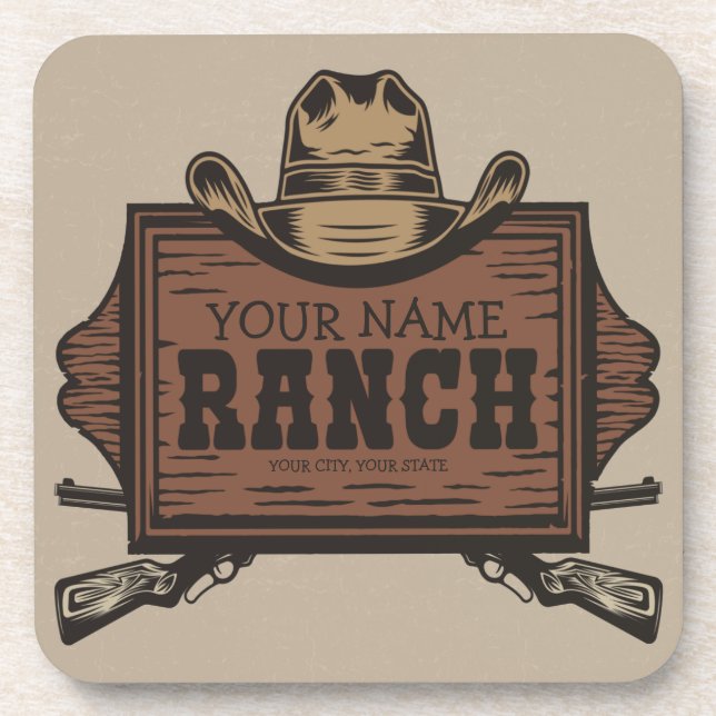 Personalized NAME Cowboy Guns Western Ranch Sign Beverage Coaster (Front)