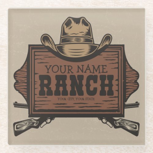 Personalized NAME Cowboy Guns Western Ranch Sign  Glass Coaster