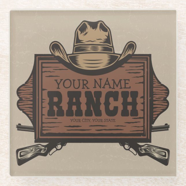 Personalized NAME Cowboy Guns Western Ranch Sign  Glass Coaster (Front)