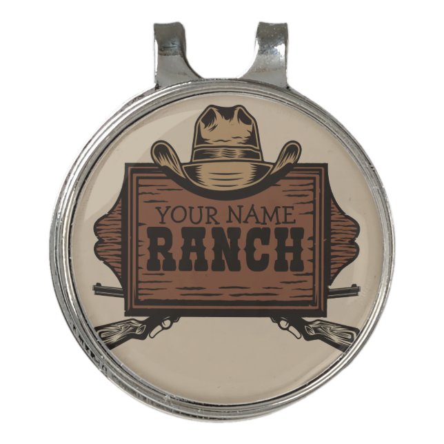 Personalized NAME Cowboy Guns Western Ranch Sign Golf Hat Clip (Front)