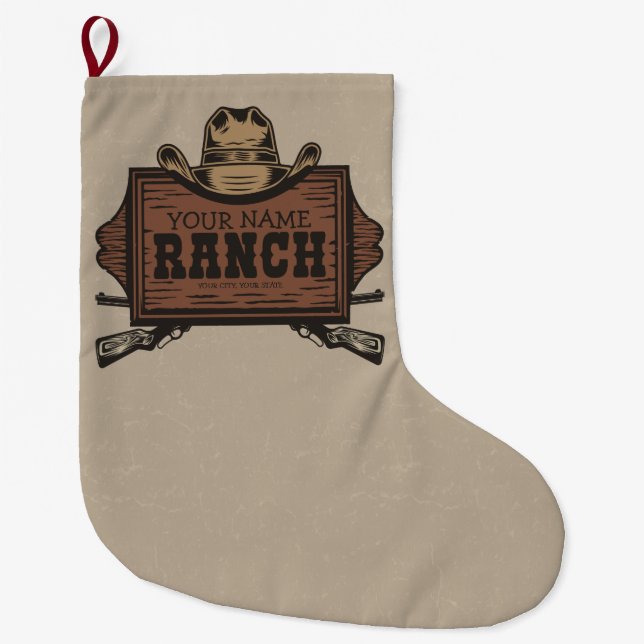 Personalized NAME Cowboy Guns Western Ranch Sign Large Christmas Stocking (Front)