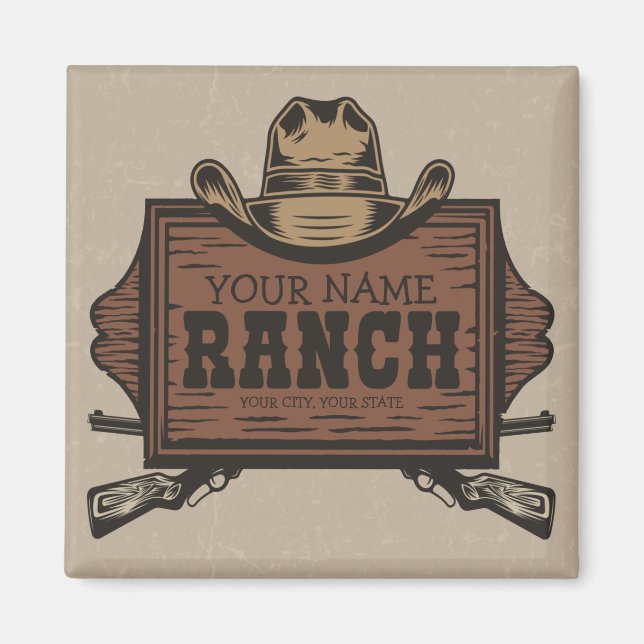 Personalized NAME Cowboy Guns Western Ranch Sign Magnet (Front)