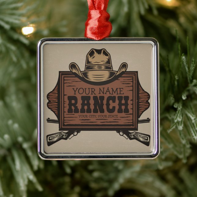 Personalized NAME Cowboy Guns Western Ranch Sign  Metal Ornament (Tree)