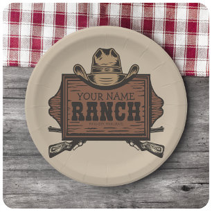 Personalized NAME Cowboy Guns Western Ranch Sign Paper Plates