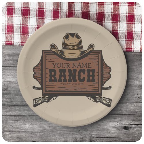 Personalized NAME Cowboy Guns Western Ranch Sign Paper Plates