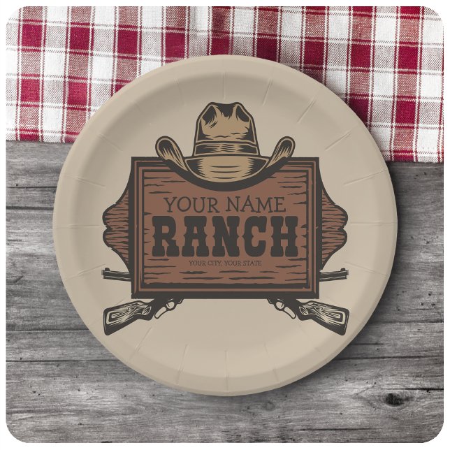 Personalized NAME Cowboy Guns Western Ranch Sign Paper Plates (Creator Uploaded)