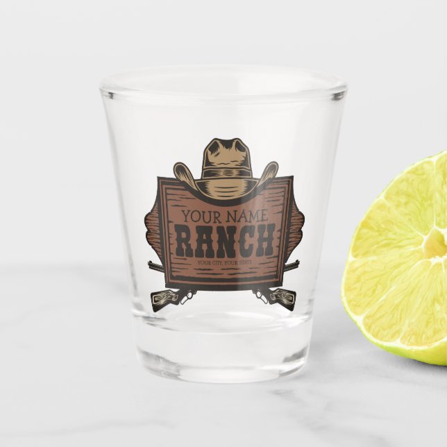 Personalized NAME Cowboy Guns Western Ranch Sign Shot Glass (Front)