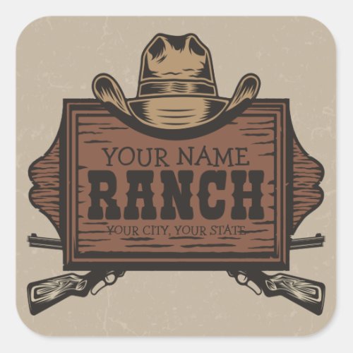 Personalized NAME Cowboy Guns Western Ranch Sign Square Sticker