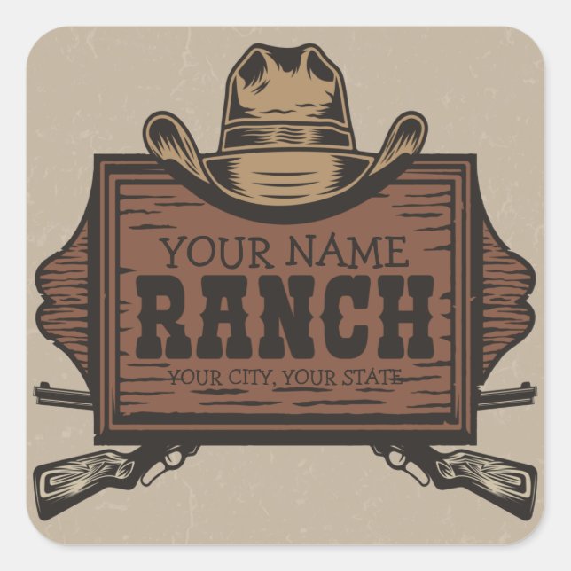 Personalized NAME Cowboy Guns Western Ranch Sign Square Sticker (Front)