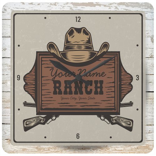 Personalized NAME Cowboy Guns Western Ranch Sign Square Wall Clock
