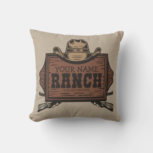 Personalized NAME Cowboy Guns Western Ranch Sign Throw Pillow