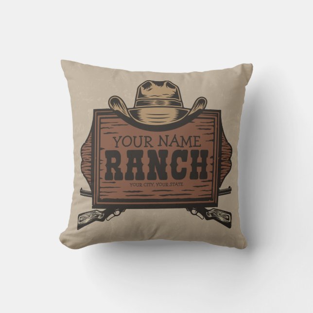 Personalized NAME Cowboy Guns Western Ranch Sign Throw Pillow (Front)