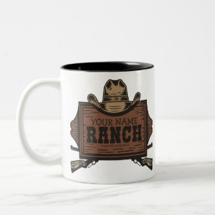 Personalized NAME Cowboy Guns Western Ranch Sign Two-Tone Coffee Mug