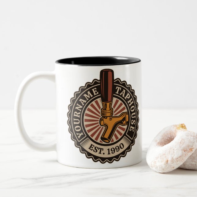 Personalized NAME Craft Beer Taphouse Brewery Bar  Two-Tone Coffee Mug (With Donut)