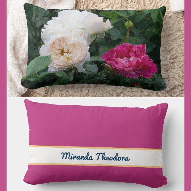 Personalized Name Cream and Pink Streaked Roses  Lumbar Pillow (Elegant, modern personalized name floral pillow. Photo of cream & streaked pink roses. Calligraphy)