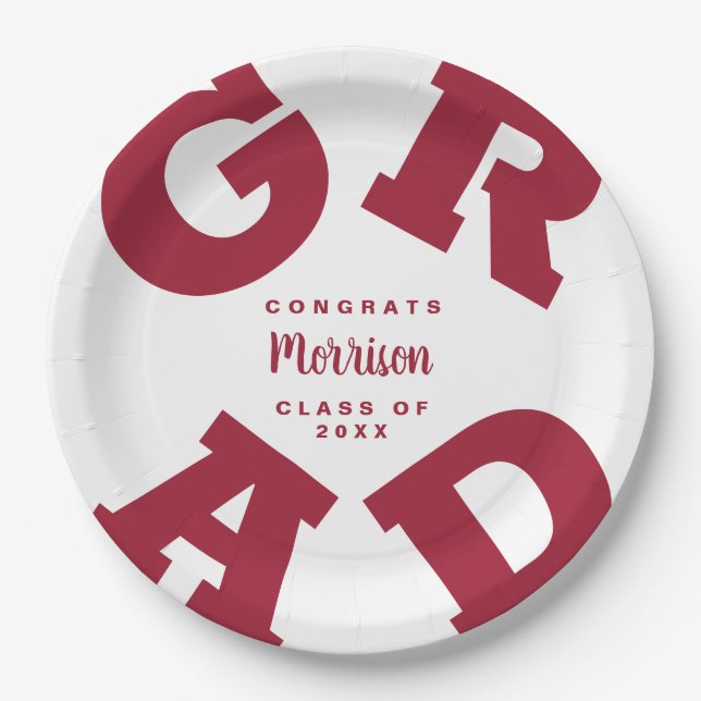 Personalized Name Crimson on White Graduation Paper Plates (Front)