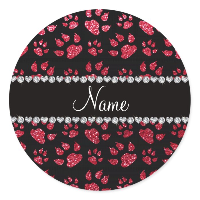 Personalized name crimson red glitter cat paws round sticker