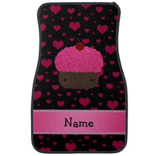 Personalized name cupcake pink hearts on black car floor mat