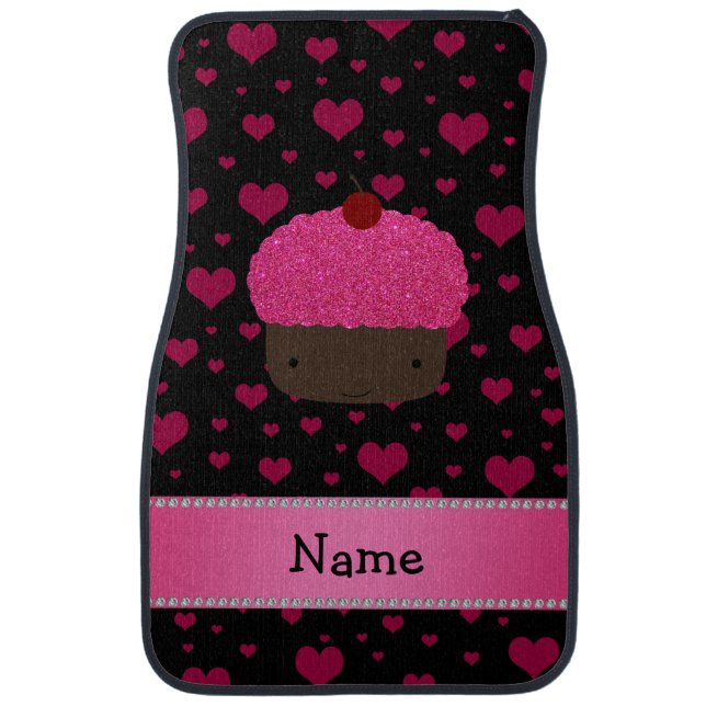 Personalized name cupcake pink hearts on black car floor mat (Front)
