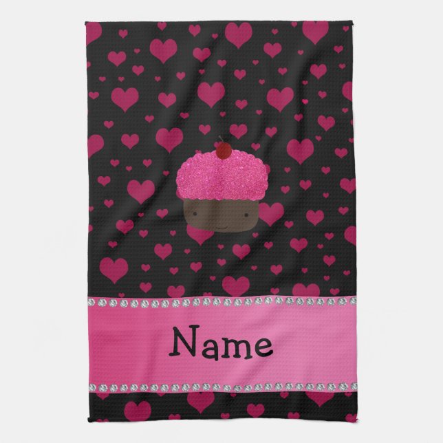 Personalized name cupcake pink hearts on black towel (Vertical)