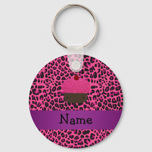 Personalized name cupcake pink leopard print keychain (Front)