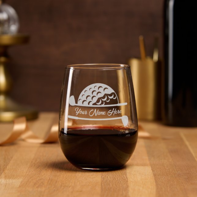 Personalized Name Custom Golf Ball Clubs Etched Stemless Wine Glass (Party)
