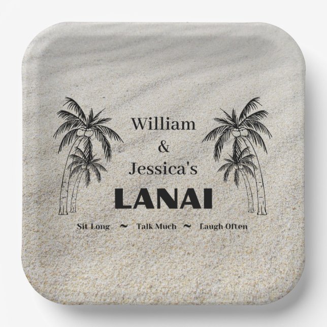 Personalized Name Custom Lanai Tropical Palm Trees Paper Plates (Front)