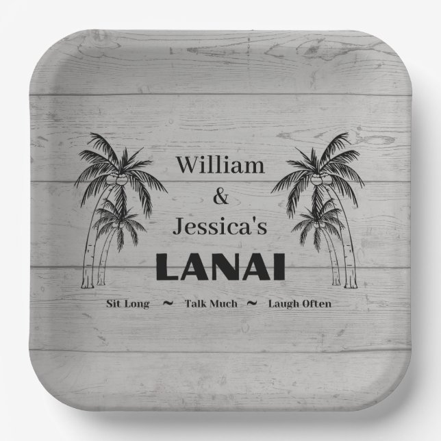 Personalized Name Custom Lanai Tropical Palm Trees Paper Plates (Front)