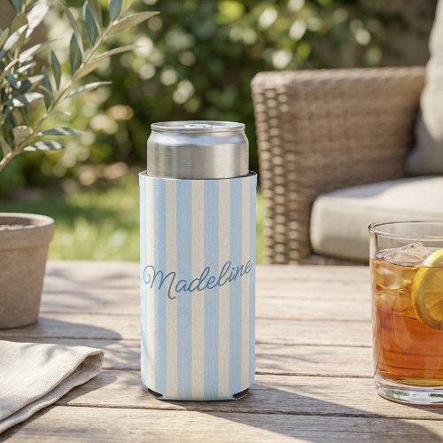 Personalized Name Custom Light Blue Stripes Seltzer Can Cooler