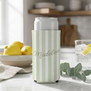 Personalized Name Custom Sage Green Stripes Seltzer Can Cooler