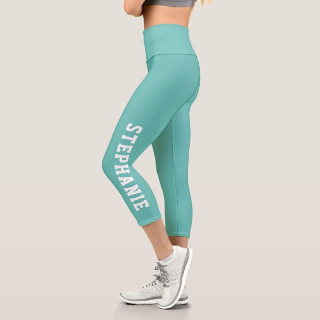 Personalized Name Custom Teal Capri Leggings (Left)