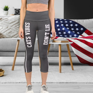 Personalized Name Custom White Dark Grey Cat Mom Capri Leggings