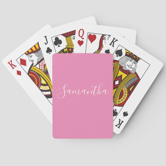 Personalized Name Custom White Script On Pink  Poker Cards (Back)