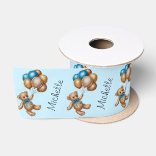 Personalized Name Cute Bear Gold Blue Balloons Satin Ribbon
