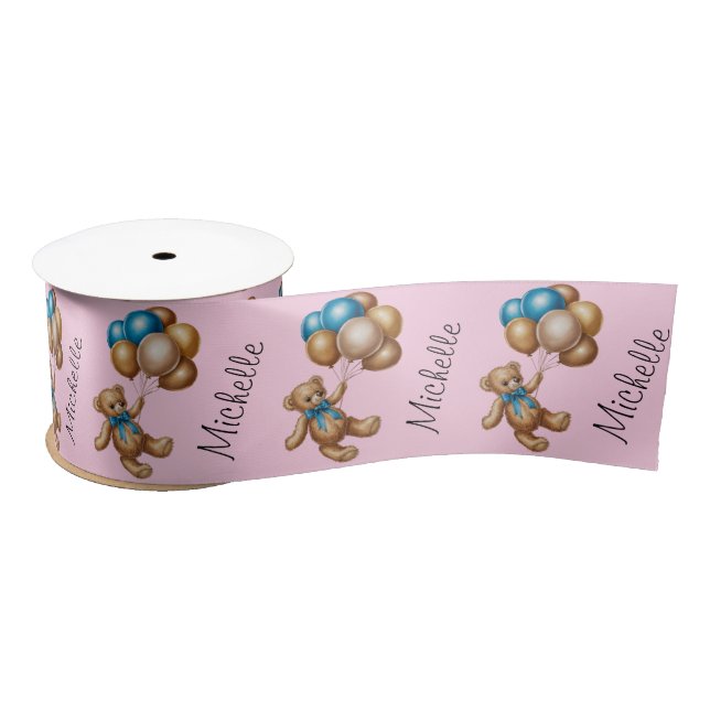 Personalized Name Cute Bear Gold Blue Balloons     Satin Ribbon (Spool)