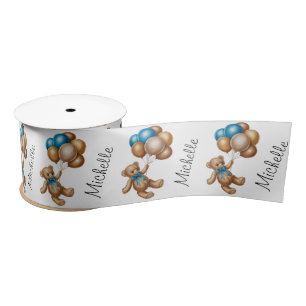 Personalized Name Cute Bear Gold Blue Balloons Satin Ribbon